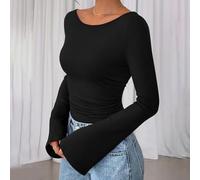 95% Polyester Women's for flare Sleeve Shirt Stretchy Fabric(Black L)