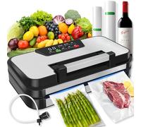 95kPa Vacuum Sealer Machine, 10-In-1 Multi Modes Vac Food Sealing System with Double Heat Seal with Built-in Cutter & Bag Storage, Easy-Lock Handle, Hose, 2 Bag Rolls, Durable Stainless Steel Design