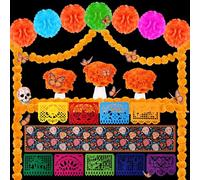 95Pcs Day of The Dead Decorations Set,50 Marigold Flower with Stem,32 Butterfly,4 Garland,Mexican Party Banner，7 flower balls ,1 Table Runner,for Dia de Los Muertos Decor Indian Diwali Altar Decor