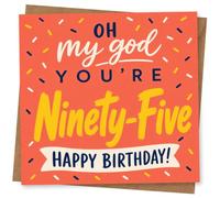 95th Birthday Card for Her, Oh My God You're Ninety-Five | Coral confetti-sprinkle backdrop with hand-lettered “Oh my god you’re Ninety-Five” and a banner “Happy Birthday!”