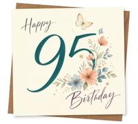 95th Birthday Card for Her, Teal 95, Florals & Butterfly | “Happy 95th Birthday” sits beside pastel florals and a butterfly, with bold teal numerals for a standout milestone look.
