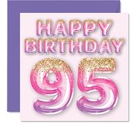 95th Birthday Card for Women - Pink & Purple Glitter Balloons - Happy Birthday Cards for 95 Year Old Woman Mum Great Nanny Grandma Gran, 145mm Bday Greeting Cards Gift