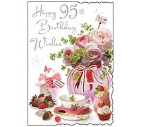 95th Birthday Card - Roses, Teacup & Chocolate Dipped Strawberries