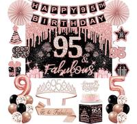 95th Birthday Decorations for Women, Rose Gold 95th Birthday Party Kits | 32pcs Happy 95 Years Old Party Decorations Set, Backdrop, Crown, Sash, Banner, Cake Topper, Balloons, Card, Paper Fans
