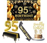 95th Birthday Decorations Men Women with 95th Birthday Banner, Black and Gold Table Cloth, Number Balloons, Black Glitter Sash, Cake Topper and Candles