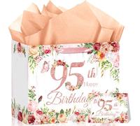 95th Birthday Gift Bag Flower Rose Gold 95th Birthday Gift Wrapping Paper Bag for Women Her Cheers to Ninety-five Years Old Party Favors Supplies