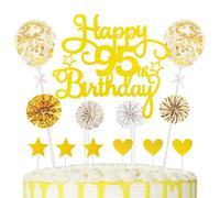 95th Cake Decorations Happy Birthday Cake Picks Heart Star Paper-fans Balloon Decor Cupcake Topper for 95th Decorations Party Supplies, Gold