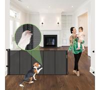 96 Inch Wide Reinforced Retractable Baby Gate with Support Rods, Extra Long Dog Gate Retractable Gate Outdoor Gates for Decks, Prevent Crawling Under Extra Long Baby Gates for Large Openings, Black