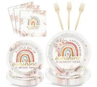 96 Pc Boho Rainbow Party Decorations - Floral Boho Tableware Set With Rainbow Birthday Plates, Napkins, Forks for Girl & Boy Baby Showers or Birthdays - Ray of Sunshine Dinnerware for 24 Guests