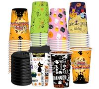 96 Pcs 48 Sets Halloween Disposable Coffee Cups 12oz Disposable Paper Cups with Lids,6 Halloween Styles for Coffee, Snacks, Hot and Cold Drinks, Trick or Treat Party Cosplay Party Decoration Supplies