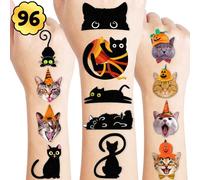 96 PCS Black Cat Temporary Tattoos Theme Birthday Party Supplies Decorations Favors Decor Cute Halloween Magic Cats Pet Tattoo Stickers Gifts for Games Kids Girls Boys Classroom School Prizes Carnival