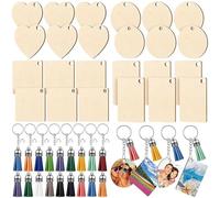 96 Pcs Blank Wooden Keychains, Wooden Keyrings Circles Set with Keychain Jump Rings and Colourful Tassels, Wood Round Rectangular Natural Wood Slices for DIY Keyrings Craft Decoration