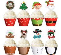 96 Pcs Christmas Cupcake Wrappers, Gingerbread Men Cake Toppers, Santa Claus Snowman Reindeer Elf Penguin Christmas Tree Wreath Xmas Cake Decorations for Party Birthday Dessert Deco