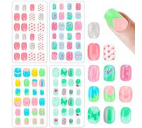 96 Pcs Fake Nail Press on Nails for Girls, Lovely False Nail Tips Pre-glue Full Cover Short Acrylic Gradient Color Nails for Girls Kids Nail Art Decoration(Pink&Green Theme)
