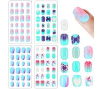 96 Pcs Fake Nails for Girls, Lovely False Nail Tips Pre-glue Full Cover Short Acrylic Press on Nails for Girls Kids Nail Art Decoration(Blue Theme)