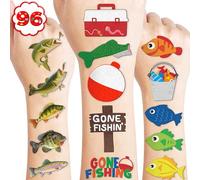 96 PCS Gone Fishing Fish Temporary Tattoos Birthday Theme Party Supplies Decorations Favors Decor Cute Little Nautical Fisherman Tattoo Stickers for School Prizes Gifts for Kids Boys Girls Carnival