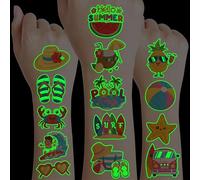 96 PCS Hello Summer Beach Pool Hawaiian Pre-Cut Luminous Glow in the dark Temporary Tattoos for Kids | Super Cute Themed Birthday Party Favors Supplies Decorations, Fake Tattoos Gifts for Boys Girls