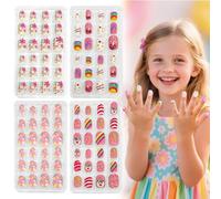 96 Pcs Kids False Nails, Kids Stick on Nails Full Cover Colorful Rainbow Sparkle Star Unicorn, Press on Nail Design Decoration for Children Girls Gift DIY Nail Art Stickers