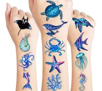 96 PCS Ocean Pre-Cut Animals Temporary Tattoos Themed Birthday Party Decorations Favors Supplies Décor Shark Sea Turtle Whale Fish Tattoo Stickers Gifts For Game Boys Girls