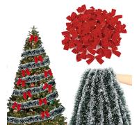 96 PCS Red Bows for Christmas Tree and 5 PCS Shiny Tinsel Garland, Red Christmas Bows, Christ mas Tr ee Decorations Small Ornaments, Sequin Bow Ties Ornaments, Tree Bow for Home Party
