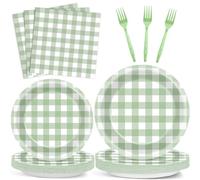 96 Pcs Sage Green Checkered Theme Tableware Set - Green Gingham Plaid Plates, Napkins, Forks for Baby Shower & Kids Birthday Party Supplies - 24 Guests