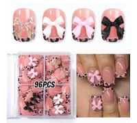 96 Pcs Short Square Stick on Nails - Colorful Leopard French Bow Fake Nails - Pink Press on Nails with 4 Jelly Glue - Coffin French Tips with 3D Bow Charm, ABS False Tips for Women DIY Manicure Design