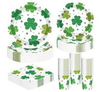 96 Pcs St. Patricks Day Plates and Napkins Serves 24, 9" and 7" Green Party St Patricks Day Decorations, Disposable Shamrock Green Paper Plates, St Patrick's Tableware for Irish Shamrock Celebration