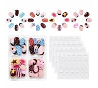96 Pcs Stick on Nails for Girls, Short Fake Nails for Women, Multicolor | Pink Five-Pointed Star Design, 4 Sheets of Jelly Glue, Charming Decorations for Ladies and Girls