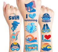 96 PCS Swimming Pre-Cut Temporary Tattoos for Kids | Super Cute Swim Team Pool Beach Themed Birthday Party Favors, Supplies, Decorations, Fake Tattoo Stickers, School Rewards & Gifts Boys & Girls