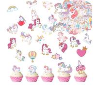 96 Pcs Unicorn Cake Topper Set,Glutinous Edible Rice Paper with Flag Decoration,Cute Cartoon Cupcake Toppers,Rainbow Decoration for Kids,Boys,Girls,Birthday,Shower Party Supplies,(No)