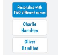 96 Personalised Name Labels for Clothes Kids - Stick-On Waterproof Tags with 2 Names - Shared Blue Sheets for Siblings, School & Nursery (SFP)