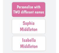 96 Personalised Name Labels for Clothes Kids - Stick-On Waterproof Tags with 2 Names - Shared Pink Sheets for Siblings, School & Nursery (SFP)