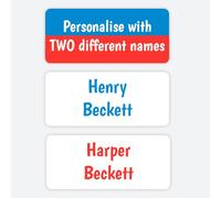96 Personalised Name Labels for Clothes Kids - Stick-On Waterproof Tags with 2 Names - Shared Sheets Blue/Red for Siblings, School & Nursery (SFP)