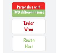 96 Personalised Name Labels for Clothes Kids - Stick-On Waterproof Tags with 2 Names - Shared Sheets Red/Green for Siblings, School & Nursery (SFP)