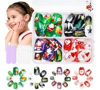 96 Pieces Christmas Children's False Nails - 4 Short Self-Stick Fingernails Set with Funny Santa, Snow House, Star Design, Easy to Use - Nail Design for Girls Chrimas Gift