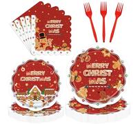 96 Pieces Christmas Gingerbread Tableware Set - Red Merry Christmas Disposable Plates, Napkins, and Forks with Gingerbread House and Cookie Designs for Holiday Dinners and Celebrations - Serves 24