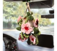 96CRVFT Cute Crochet Cherry Blossom Hanging Plant for Car Accessories, Aesthetic Decor Rear View Mirror Hanging Ornament for Women and Men, Handmade Cute Car Interior Decor Accessories Gift