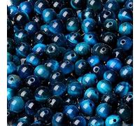 96PCS 6mm Natural Aquamarine Tiger's Eye Round Loose Gemstone Beads 2 Strand 32" for DIY Bracelet Necklace Earrings Jewelry Making Polishing Stone Beading Crystal