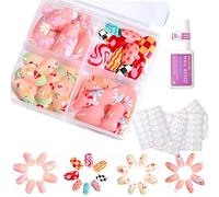 96Pcs Almond Press-On Nails - Cute Floral Cherry Blossom Designs with Elegant Lines - Cartoon Fake Nails with Glue - Full Cover False Nail Tips for Women, Girls & Kids - Easy DIY Manicure at Home
