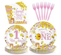 96Pcs Bee 1st Birthday Party Decorations for Girls So Sweet to Bee One Honey Plates and Napkins Tableware Set Pink Bumble bee One Year Old Party Decoration for Baby Shower Party Supplies Serves 24