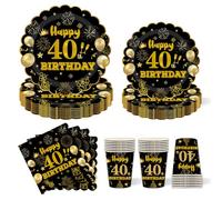 96Pcs Black Gold 40th Birthday Tableware Set,40th Tableware Decorations Plates and Napkins Cups Sets for Men,Women Birthday Gifts Dinnerware Supplies