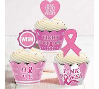 96pcs Breast Cancer Awareness Cupcake Topper Wrapper Party Supplies Pink Ribbon Win
