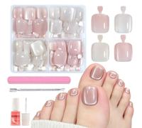 96Pcs Cat Eye Press On Toenails - 4 Colours Nude Glitter Short Square Fake Toe Nails - Acrylic Full Cover False Toenails with Glue - Magnetic Glitter Stick on Toenails for Women DIY Manicure Kit