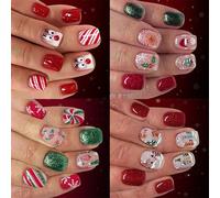 96Pcs Christmas Glitters Press On Nails Short Square Fake Nails Red Green Snowflake Reindeer Design For Holiday Event Snowflake Reindeer Fake Nail