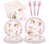 96Pcs Fairy Birthday Party Plates and Napkins Forks for 20 Guests - Disposable Tableware Floral Supplies First Pink Fairy Themed for Girls Baby Shower Birthday Party Decorations