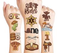 96PCS First Rodeo Pre-cut Temporary Tattoos 8 Sheets Cowboy 1st Party Decorations Favors Supplies Western Theme Birthday Cute Stickers Christmas Gifts Boys Girls Class School Prizes (Normal)