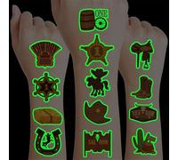 96PCS First Rodeo Pre-cut Temporary Tattoos 8 Sheets Cowboy 1st Party Decorations Favors Supplies Western Theme Birthday Cute Stickers Christmas Gifts Boys Girls Class School Prizes (Luminous)