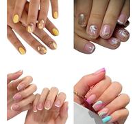 96PCS French Press-On Nails - Short Square Shape with Accessory Tool, Pastel Full-Cover, Eco-Friendly ABS, Salon-Quality Results, Yellow Lemon Zing, Gold Leaf, Jelly Rainbow & Iridescent Swirl Designs