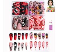 96Pcs Girls Press on Nails, Halloween - Long Coffin & Stiletto False Nails with Storage Box, Blood Drip Vampire Designs, Reusable Full-Cover Acrylic Nail Tips for Women & Girls