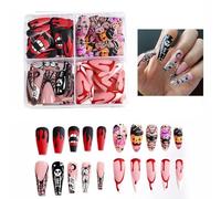96PCS Halloween Press on Nails, Various Styles Halloween Long False Nails, Black Red Blood Pumpkin Bat Cobweb Designs, Art Full Cover Fake Stick on Nails for Women &Girls, Four types of nails